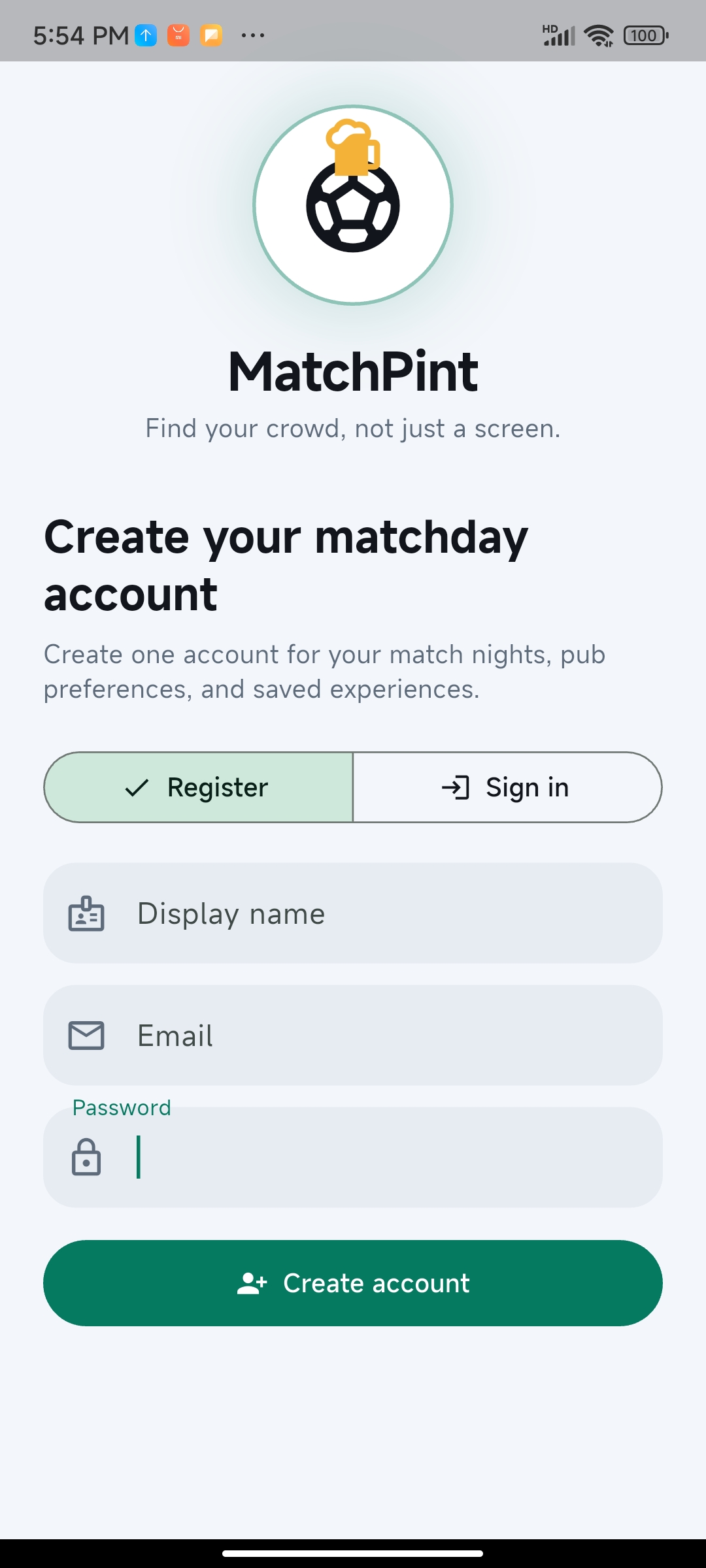 Login and register screens