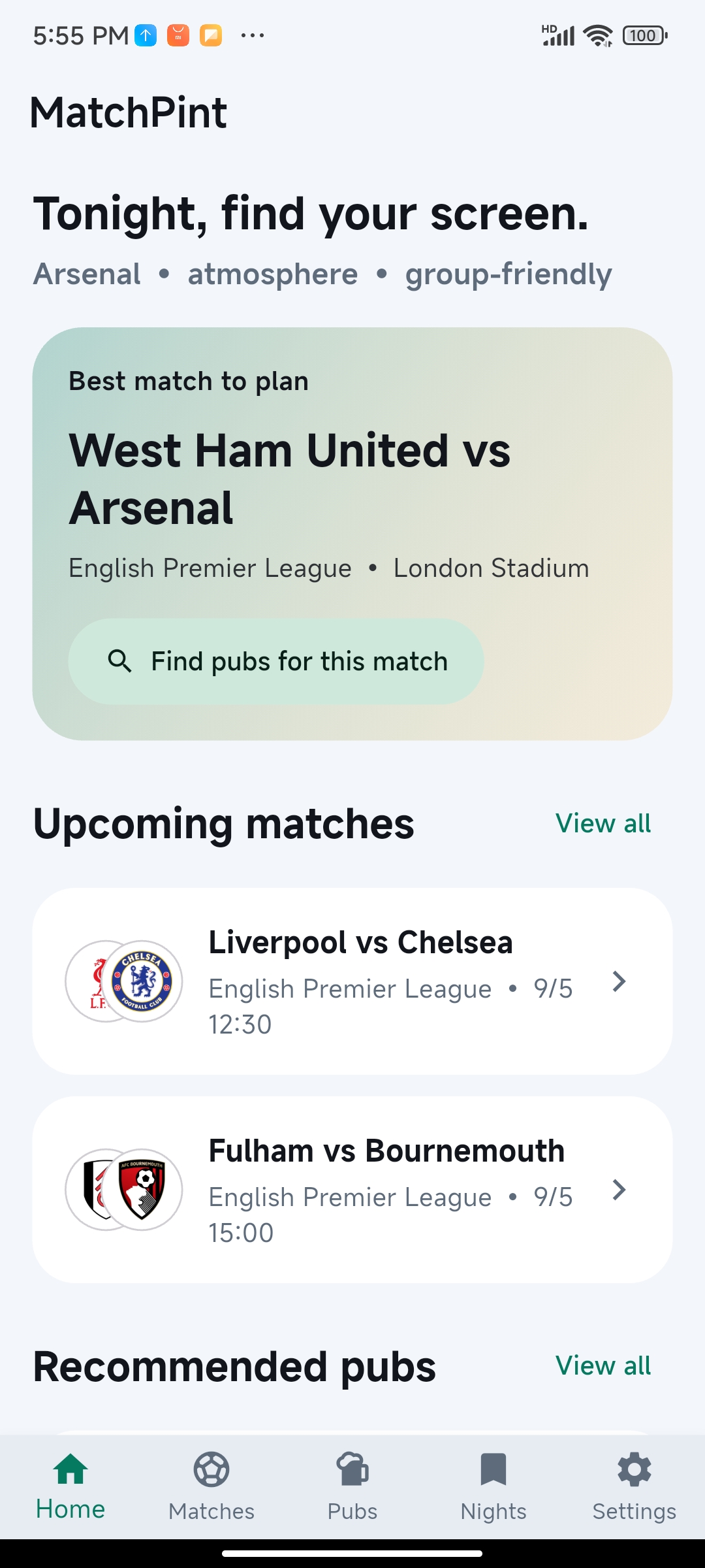 MatchPint home screen showing nearby pub and fixture recommendations