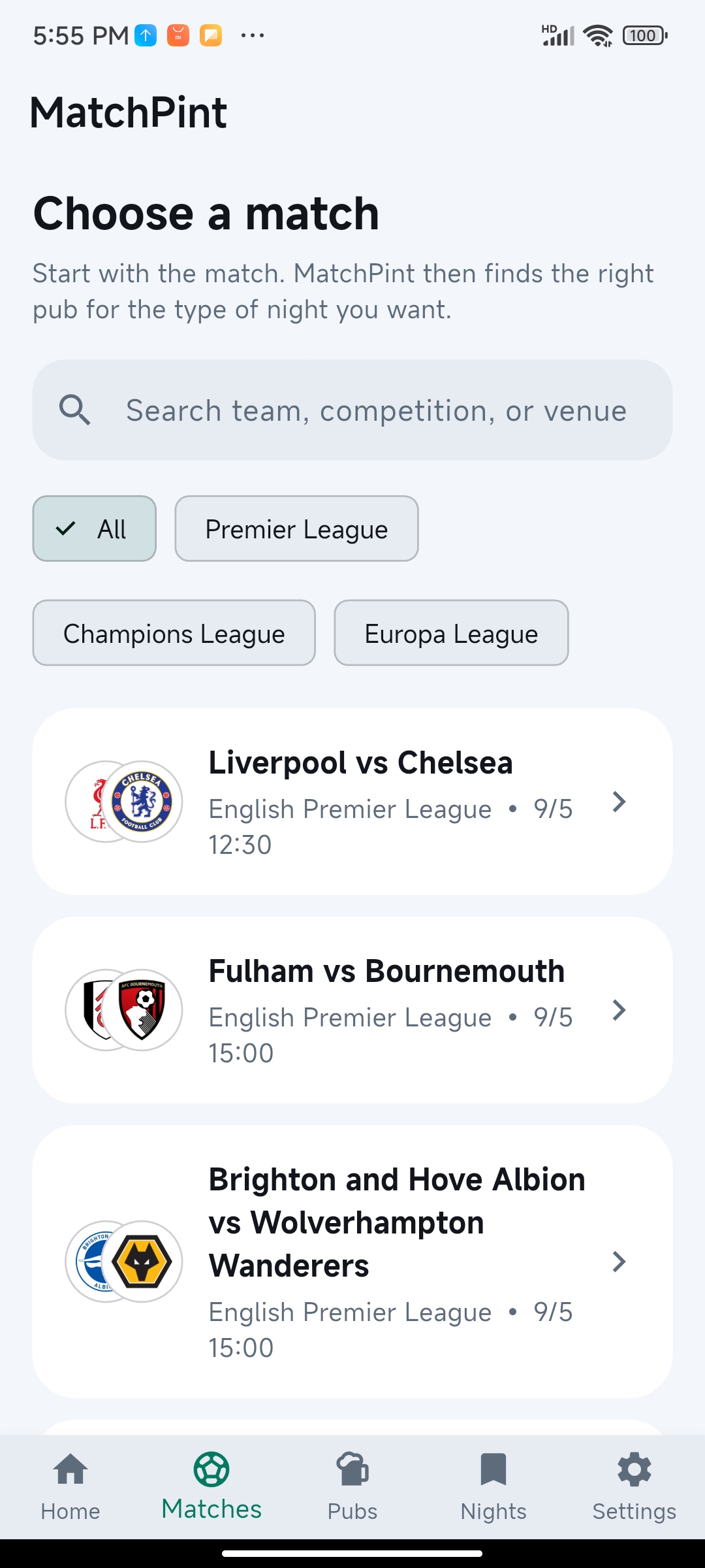 Matches screen
