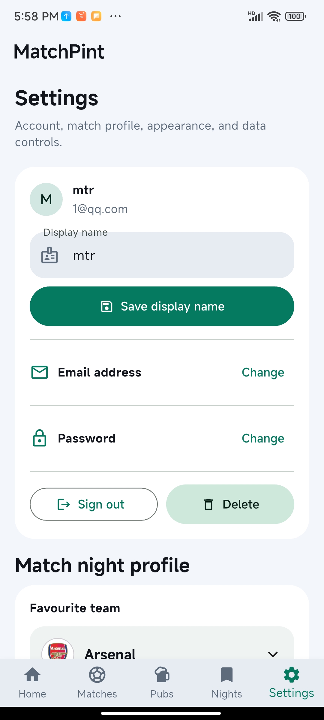 Settings screen